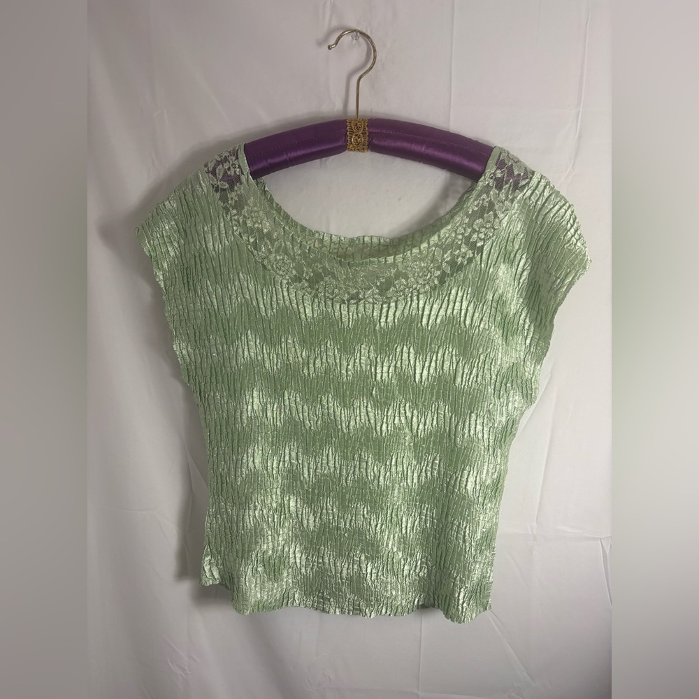 Y2K Sage Green Crinkle Lace‎ Ethereal Short Sleeve Fairy Blouse Women's Size XXL
